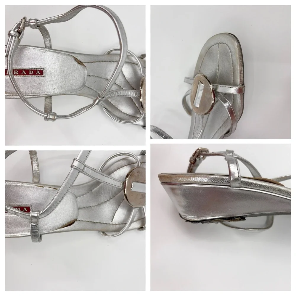 B5 Prada Metallic Leather Wedge Sandals 9.5 Silver T-Strap Medallion Strappy - Picture 9 of 14